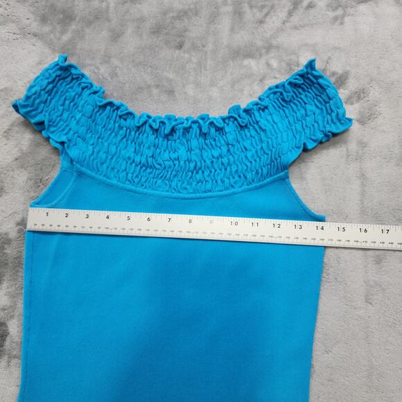Vintage Lilli Rubin Top Womens S Blue Off Shoulder Smocked Stretch Knit Coquette - Picture 7 of 9